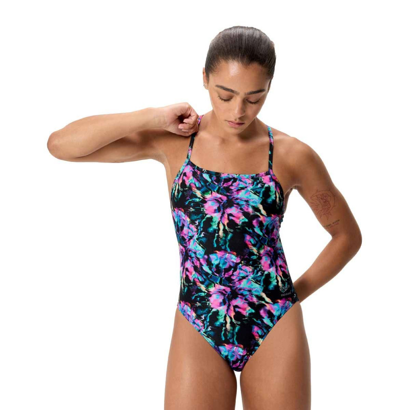 Maillot de bain Femme Club Training V-Back 2.0 imprimé rose/noir